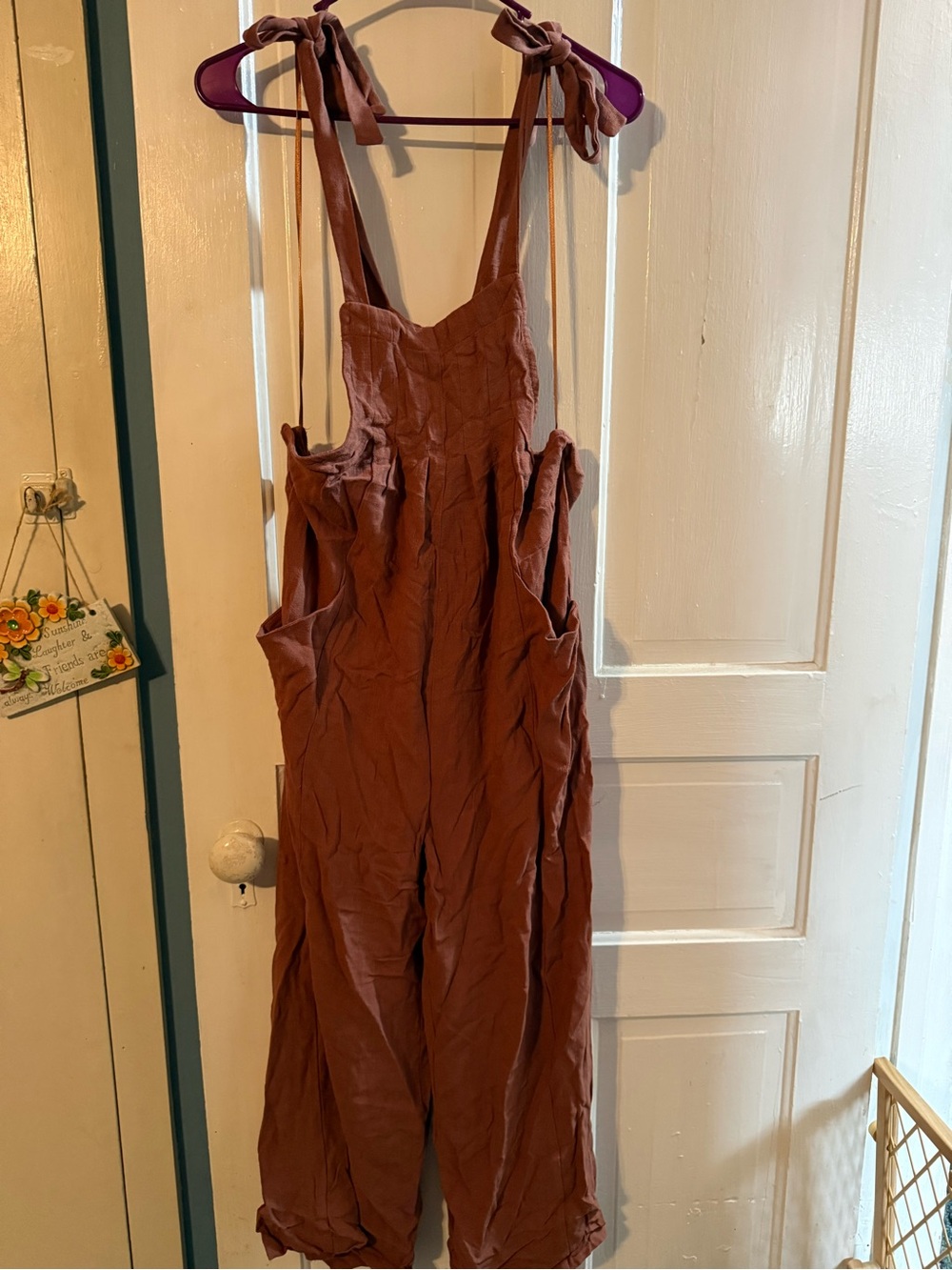 Rust Brown Tie-Shoulder Linen Overalls